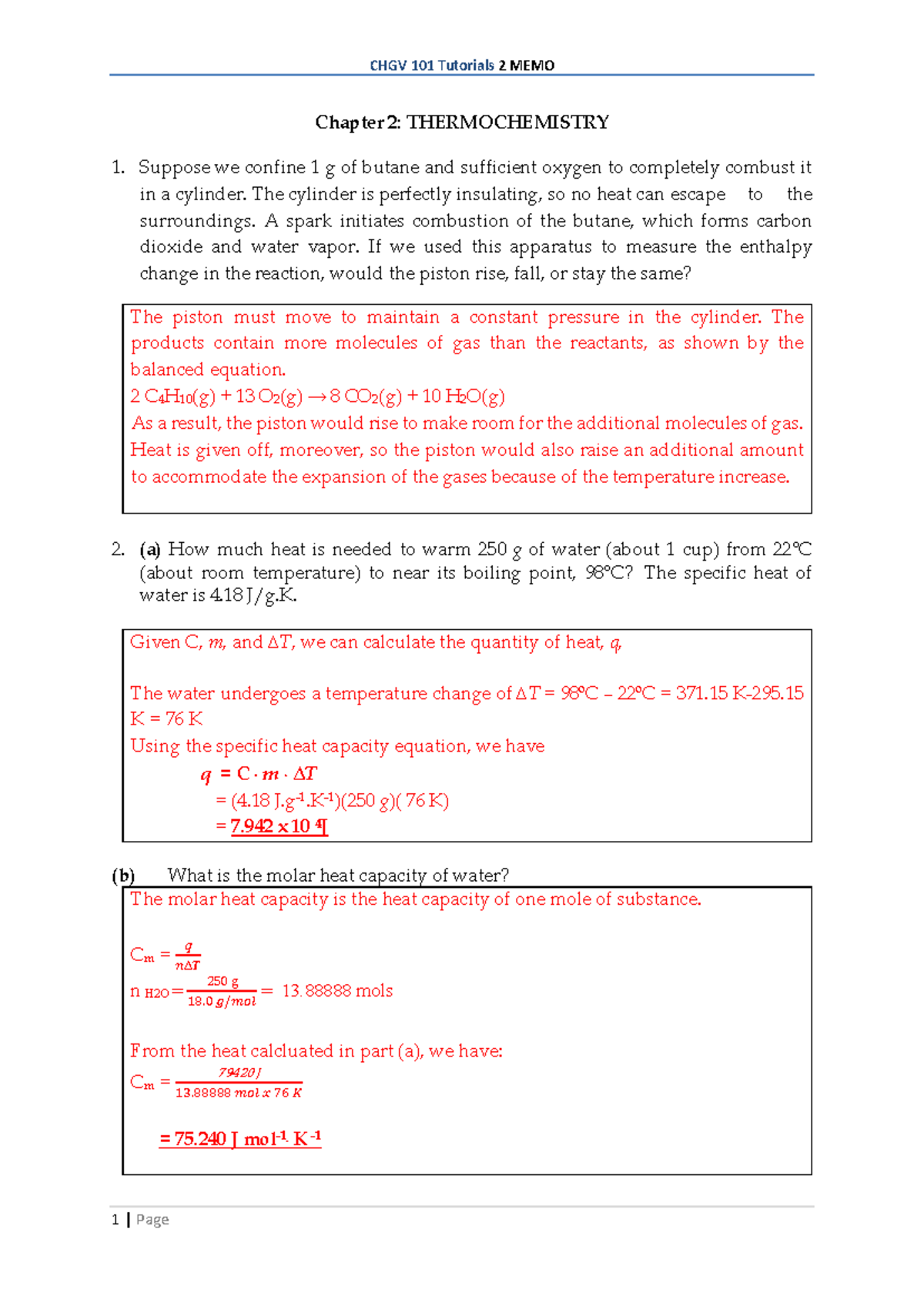 CHGV 101 Tutorial 2 Solutions: Thermochemistry and Heat Calculations ...