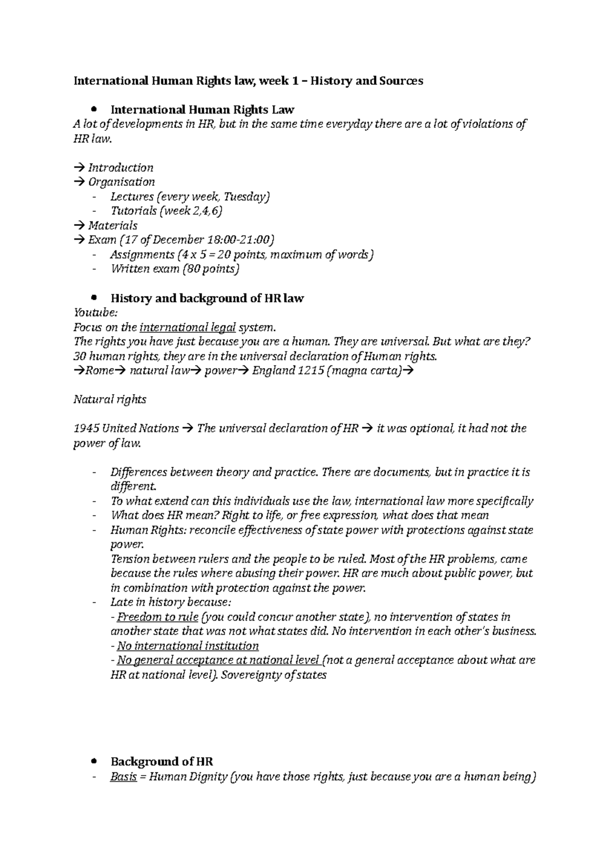 International Human Rights Law (HRL 101) - Lecture Week 1 Overview ...