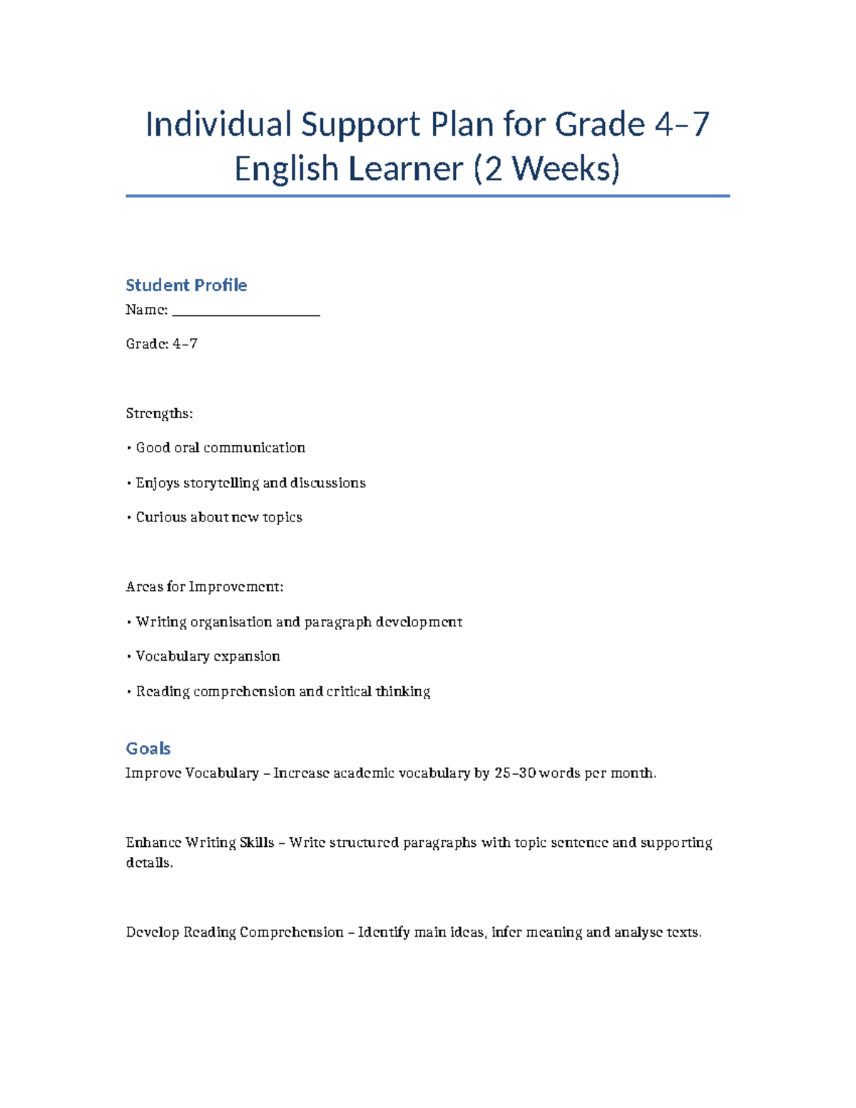 Professional English Support Plan for Grades 5-7 (2 Weeks) - Studocu