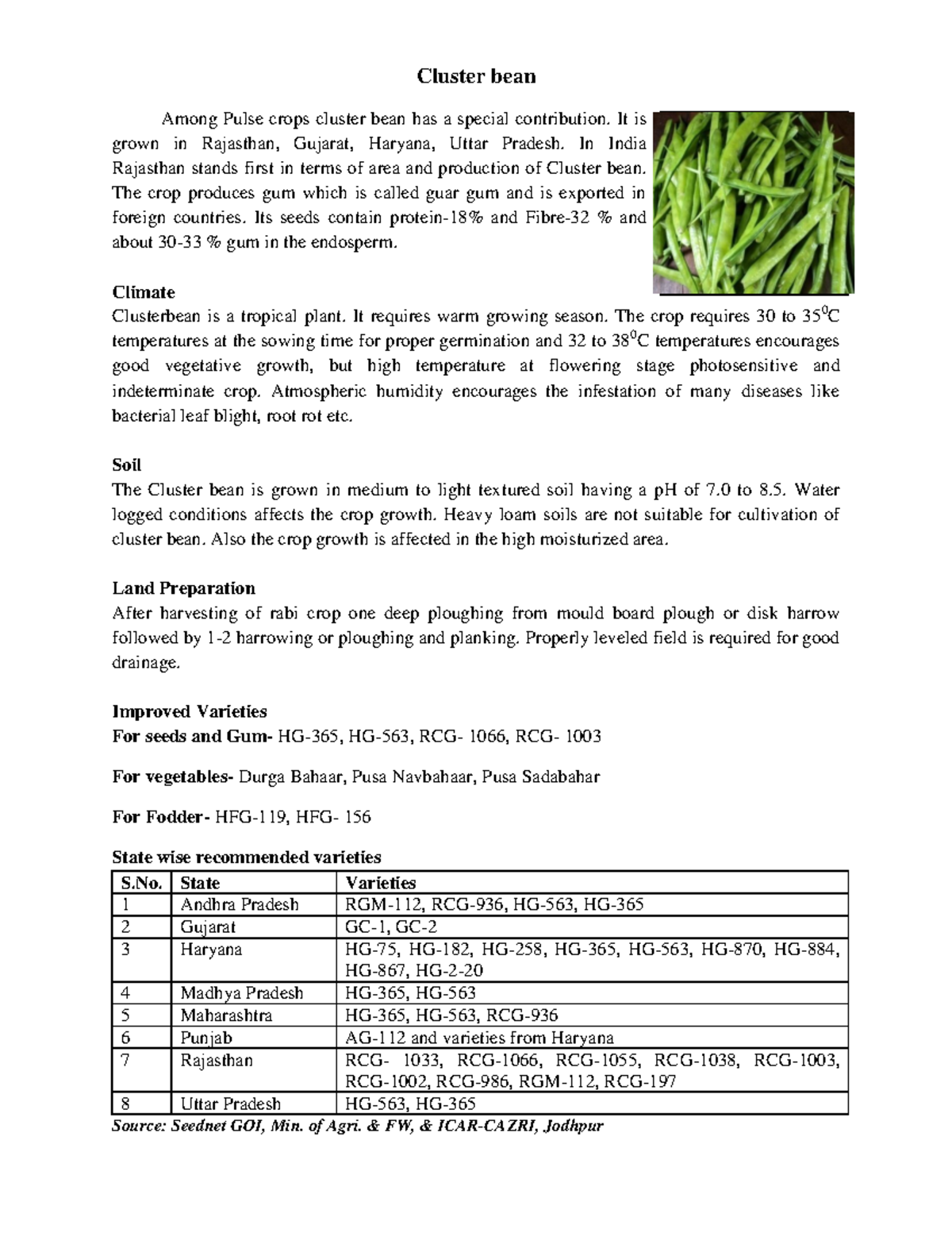Cluster Bean Cultivation: Key Insights and Practices - Studocu