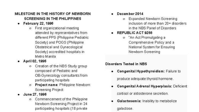 Milestones in Newborn Screening in the Philippines: A Historical ...