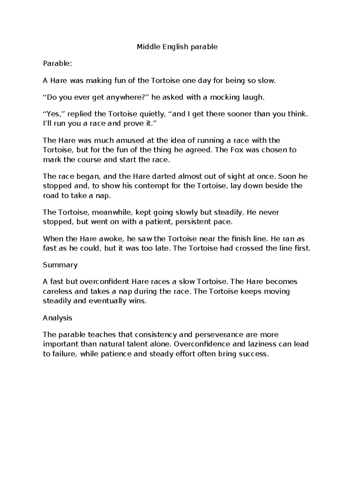 Middle English Parable: The Tortoise and the Hare Analysis - Studeersnel