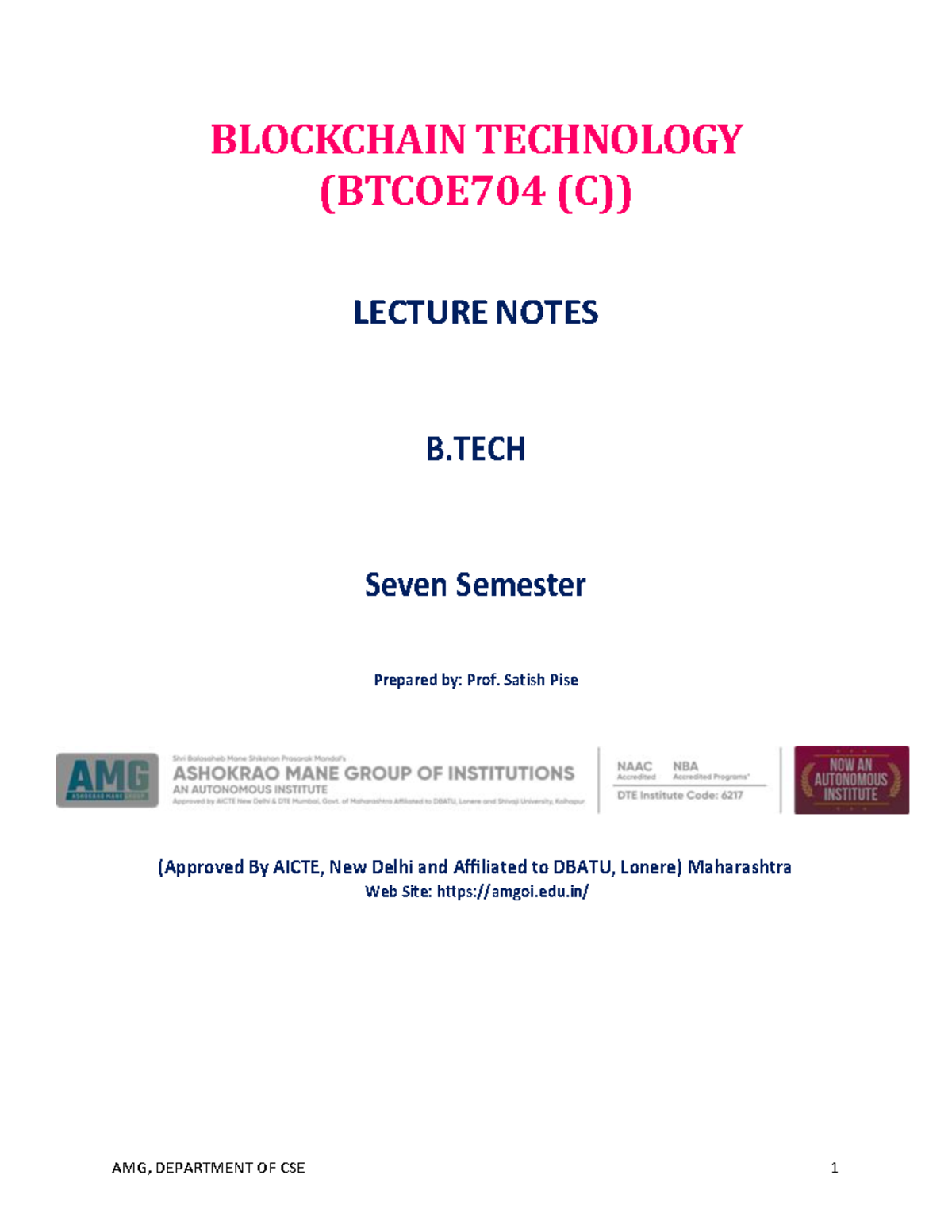BTCOE704 (C) LECTURE NOTES ON BLOCKCHAIN TECHNOLOGY B.TECH 7TH SEM ...