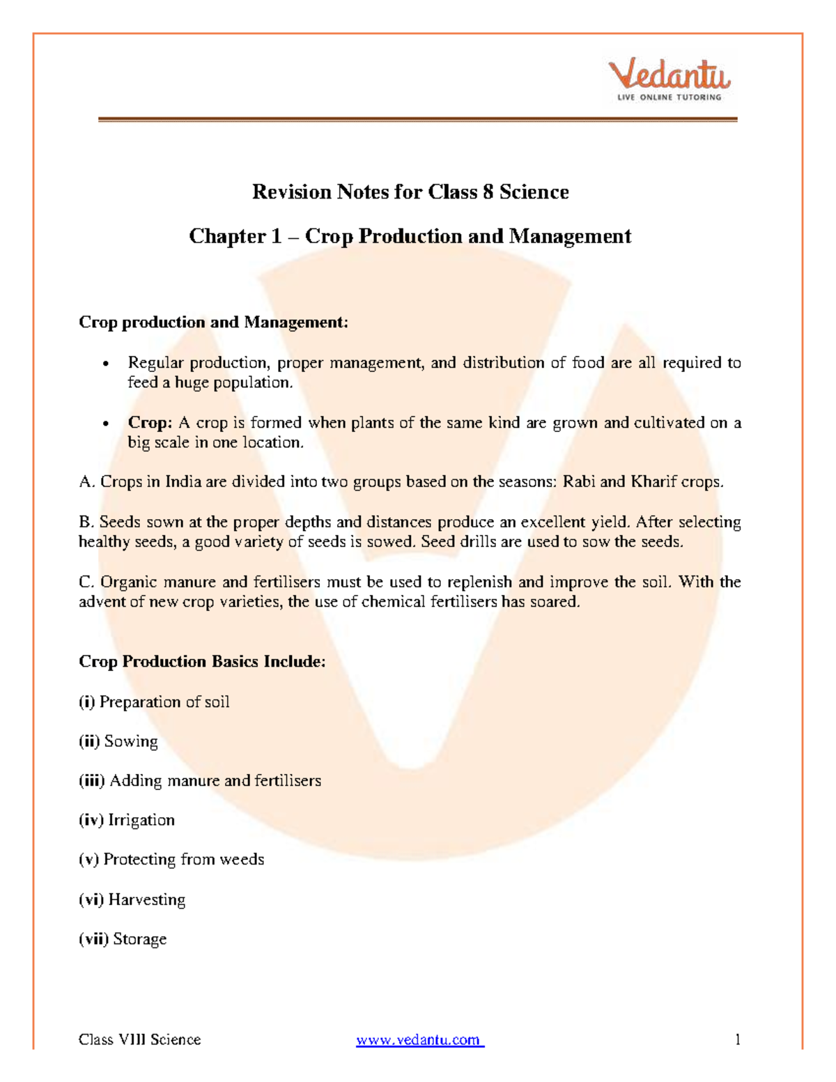 Class 8 Science: Chapter 1 Notes on Crop Production & Management - Studocu