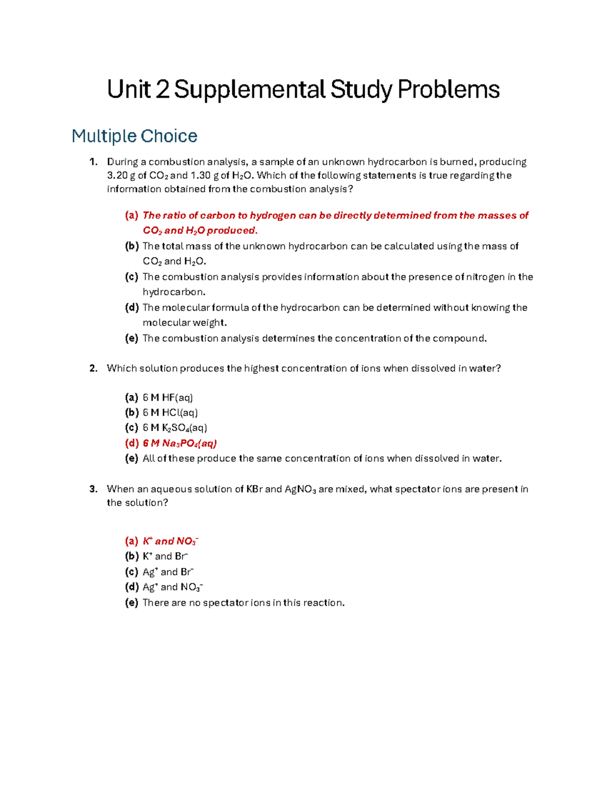 Unit 2 Supplemental Problem Solutions for Combustion Analysis and ...