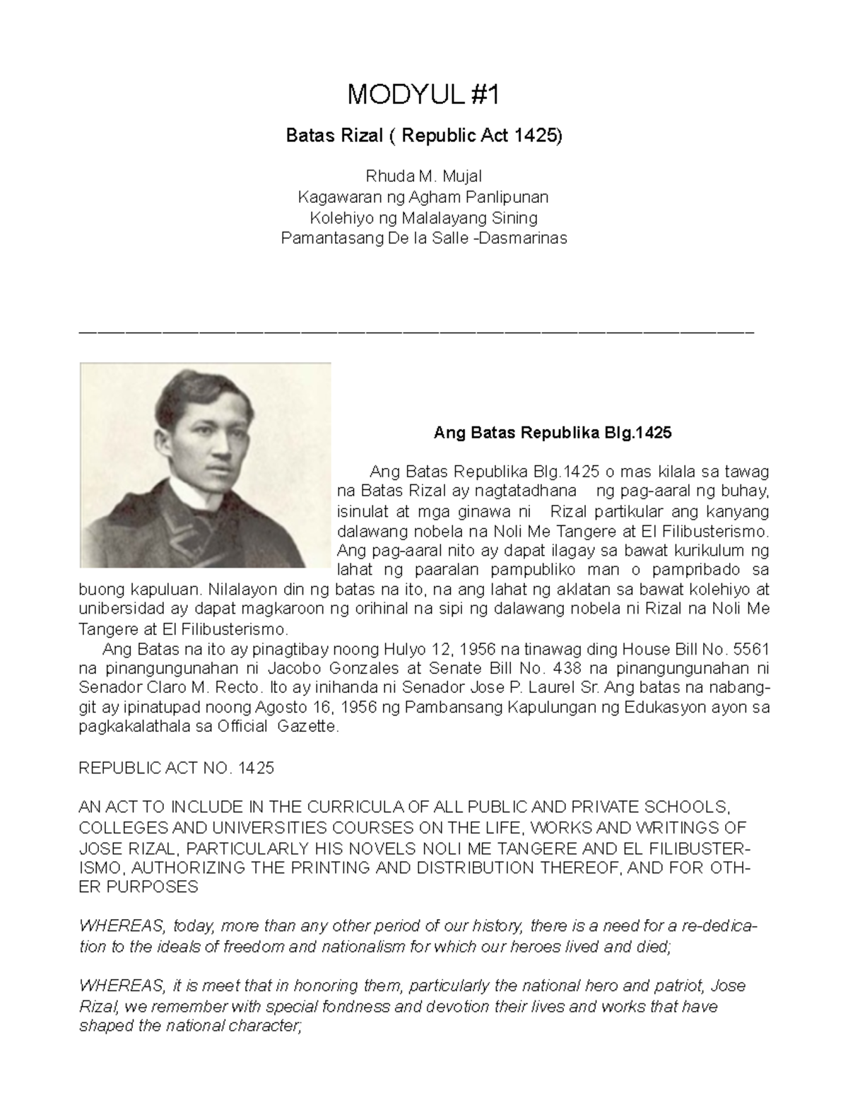Modyul 1 Batas Rizal 3 - MODYUL Batas Rizal ( Republic Act 1425) Rhuda ...