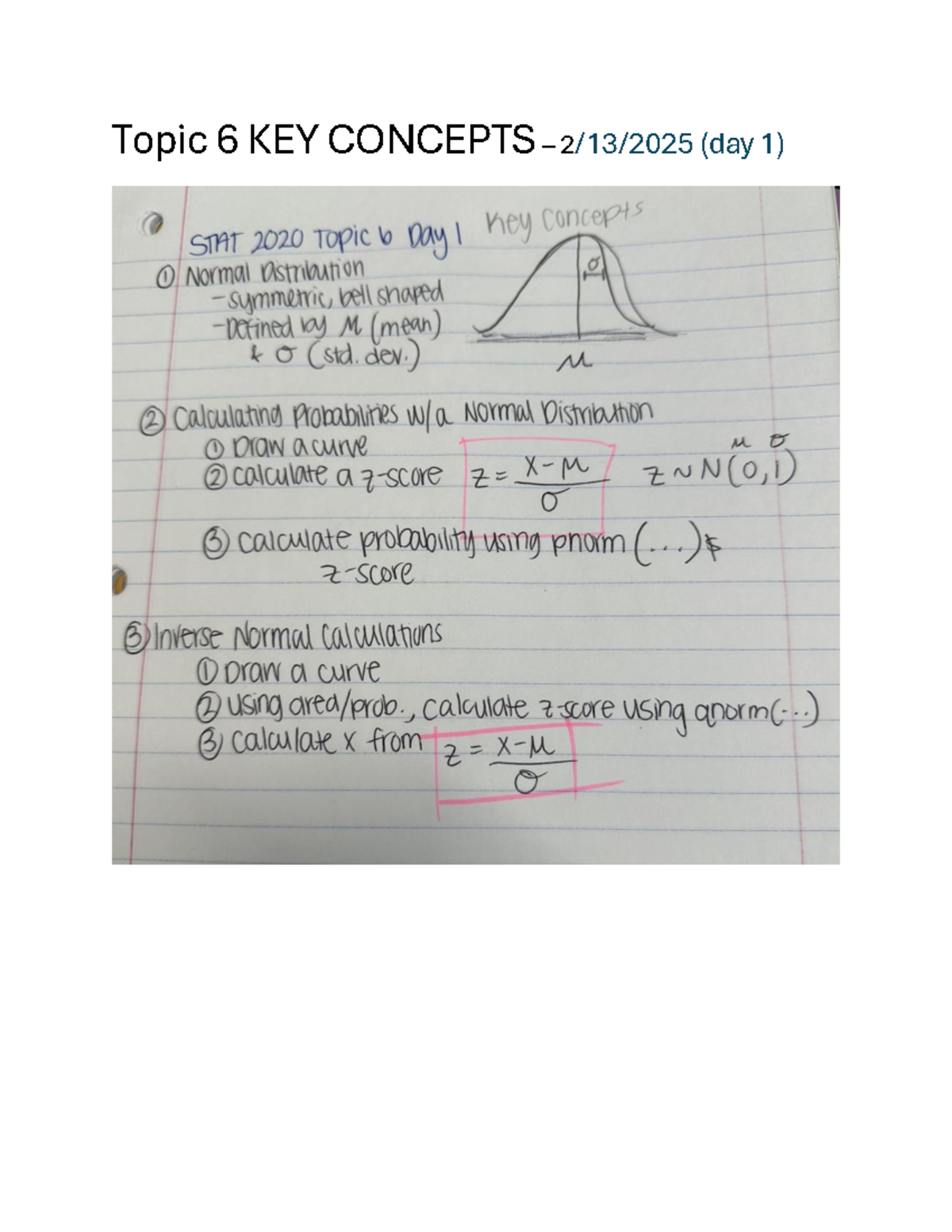 STAT 2020 Topic 6: Key Concepts on Normal Distribution and ...