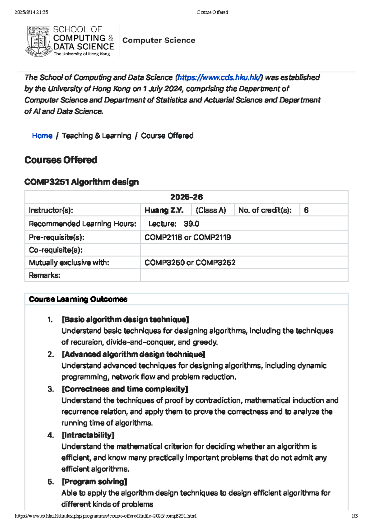 COMP3251 Algorithm Design Course Overview and Learning Outcomes - Studocu