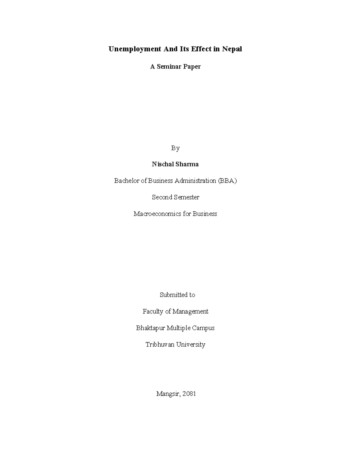 BBA Seminar Paper: Unemployment and Its Impact in Nepal - Studocu