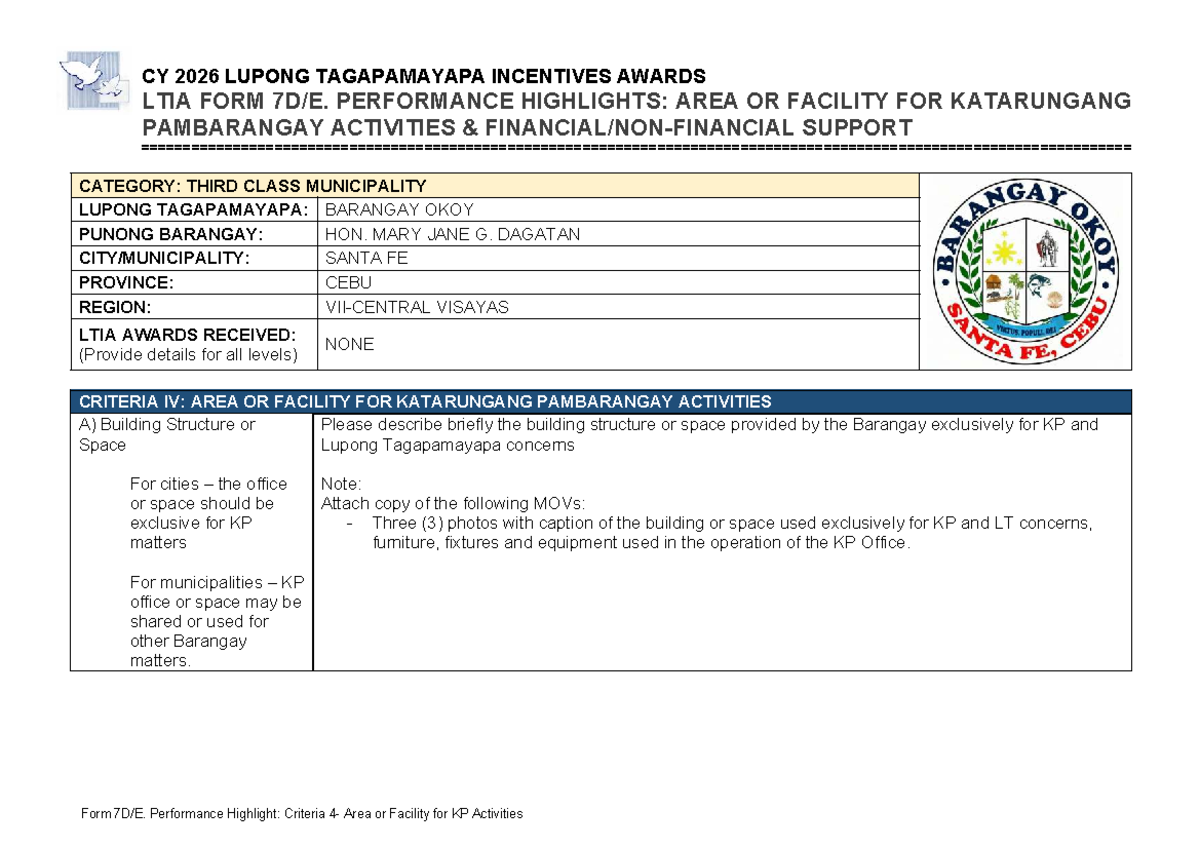 CY 2026 LTIA Form: Performance Highlights for Barangay KP Activities ...