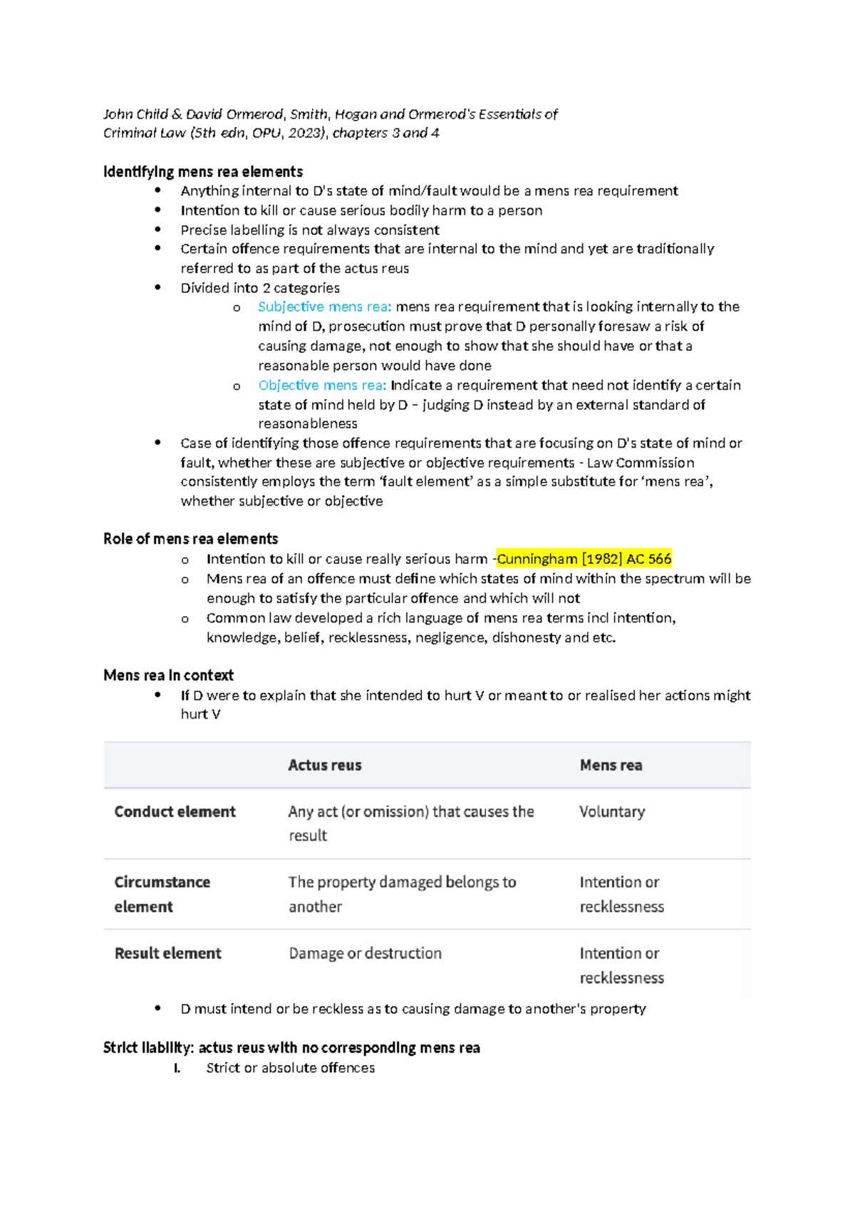Mens Rea Lecture Notes - Key Concepts and Distinctions in Criminal Law ...