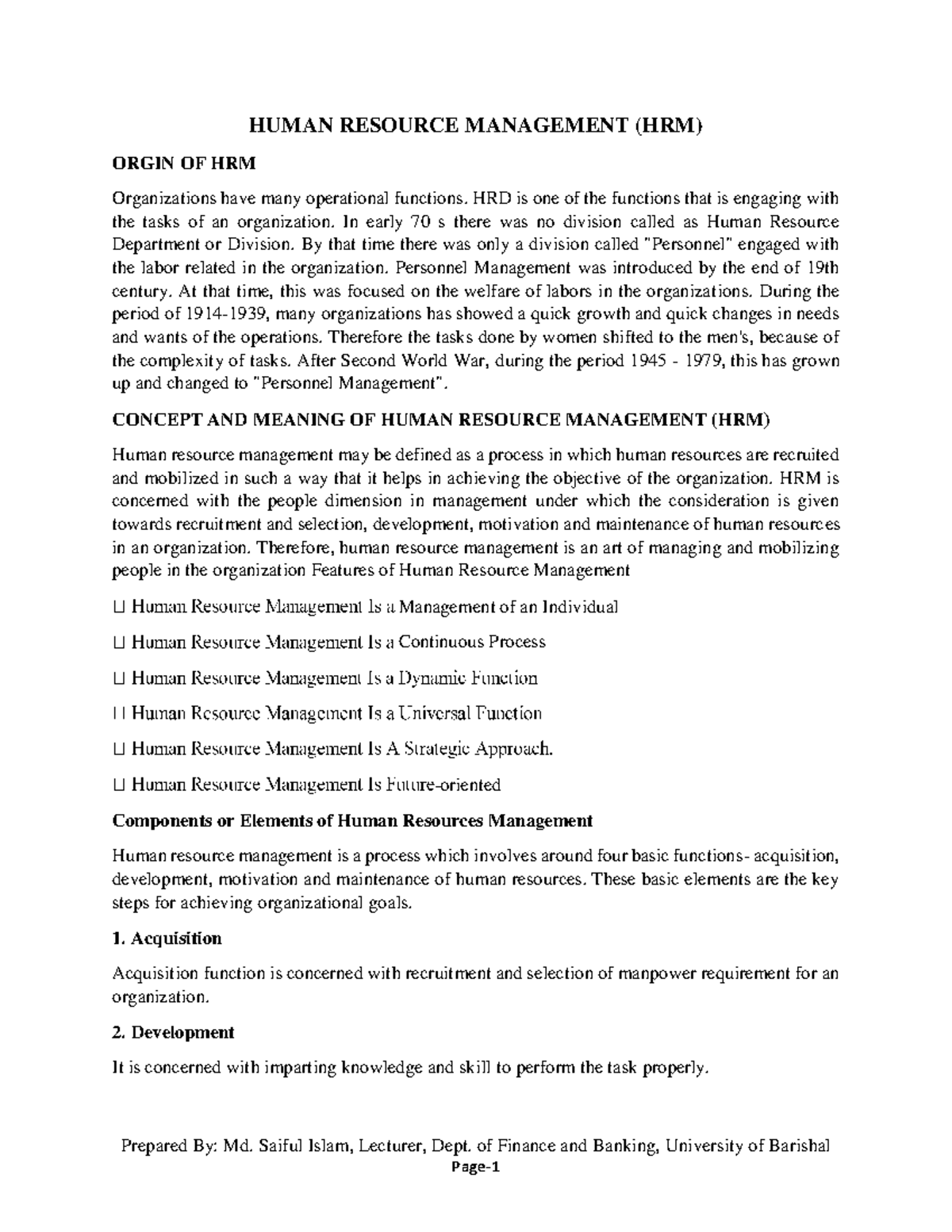 HRM 01 - Comprehensive Notes on Human Resource Management - Studocu