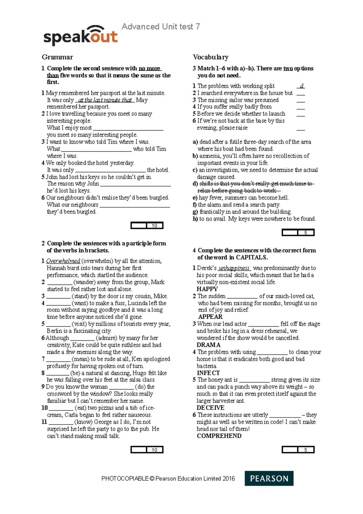 08. SO2nd Ed Advanced Unit Test 7 - Grammar, Vocabulary & Functions ...