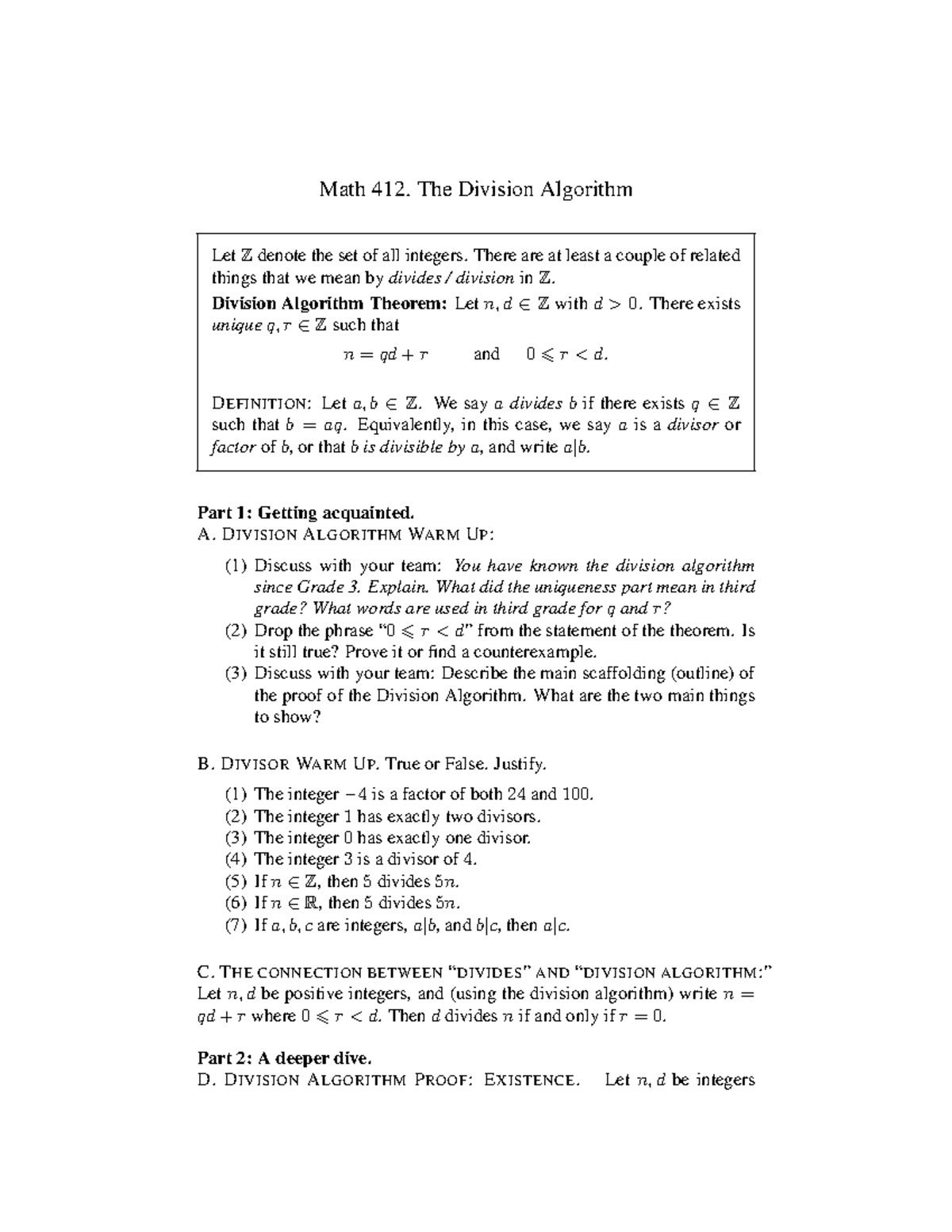 Math 412: Understanding the Division Algorithm and Its Proofs - Studocu
