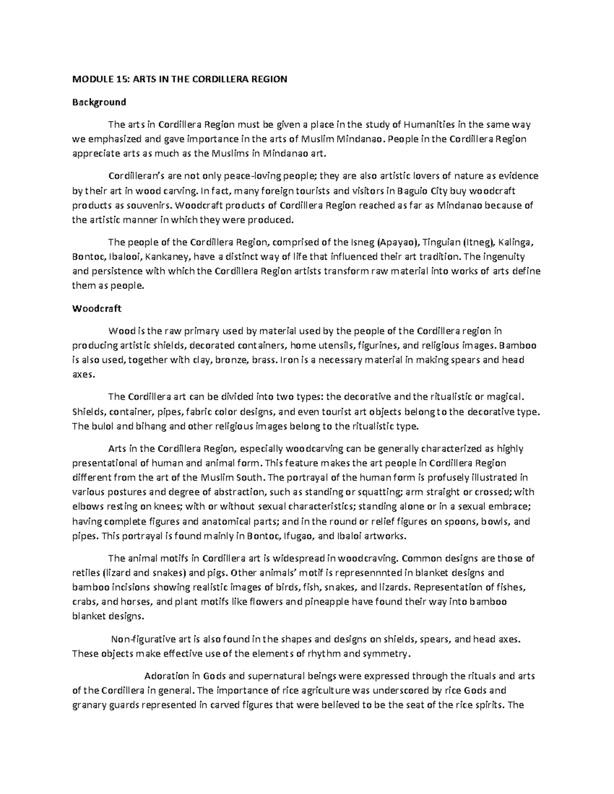 MODULE 15: Arts in the Cordillera Region - Assignment Overview - Studocu