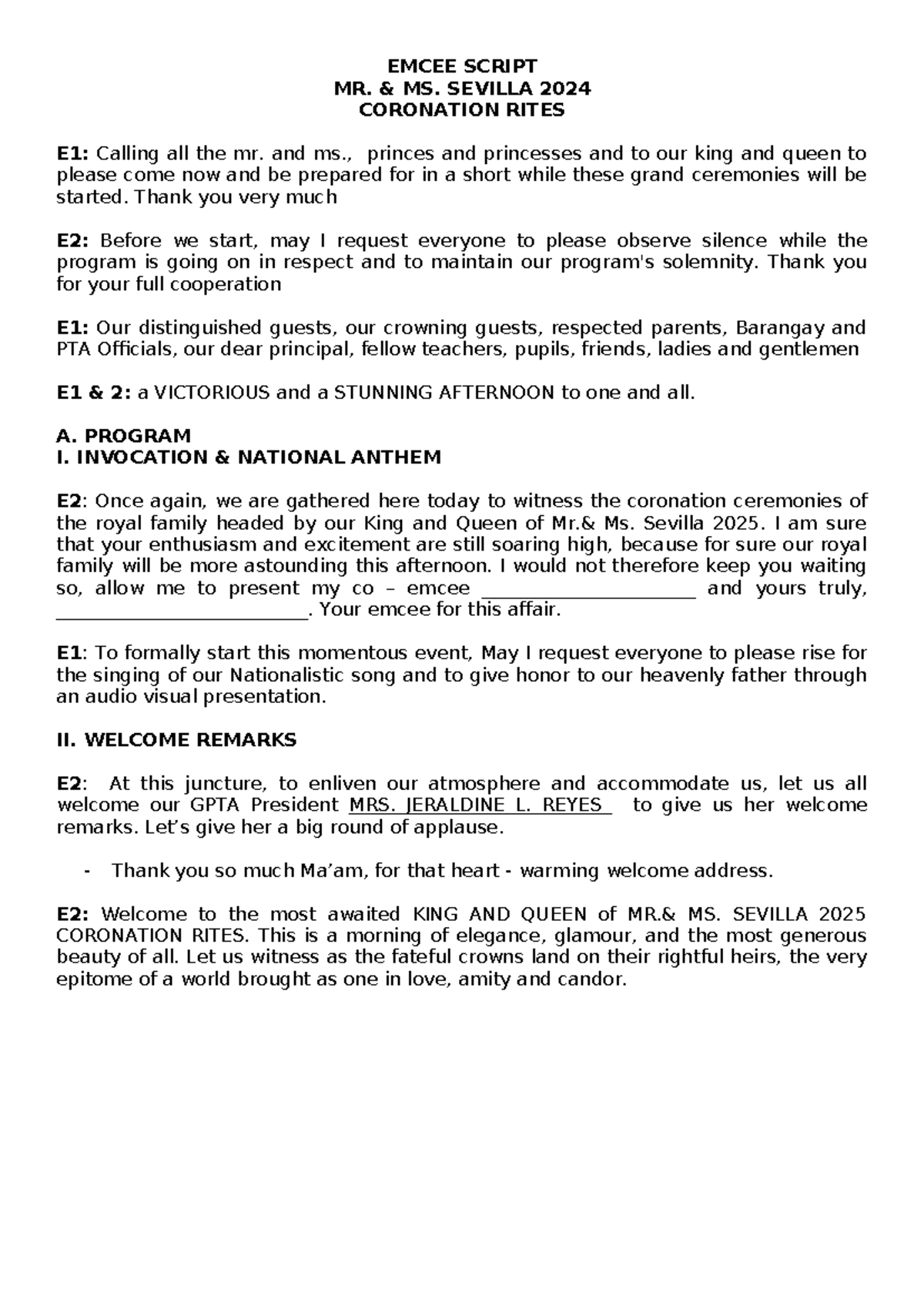 Emcee Script for Mr. & Ms. Sevilla 2024 Coronation Rites - Final - Studocu