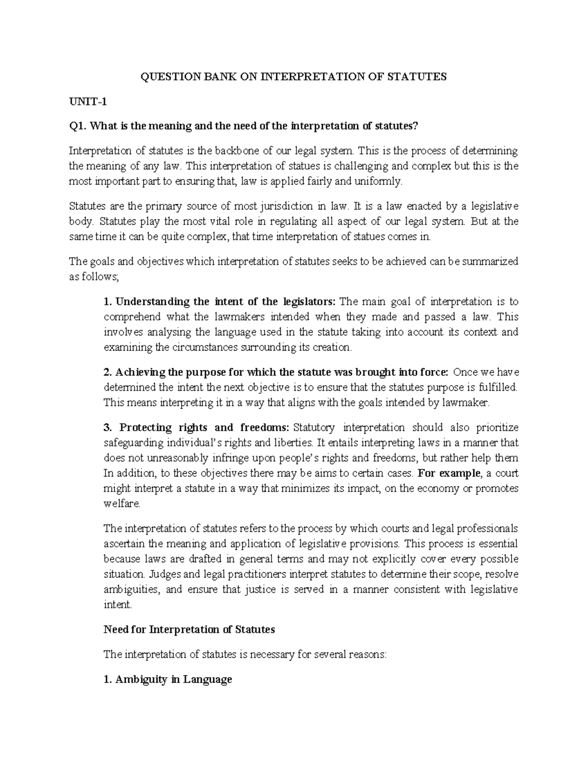QUESTION BANK ON INTERPRETATION OF STATUTES: KEY CONCEPTS & CASES - Studocu