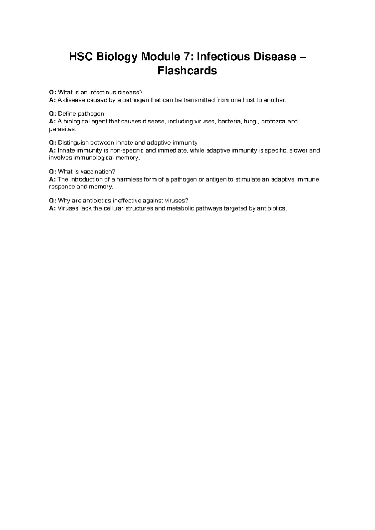 HSC Biology Module 7: Infectious Diseases Flashcards - Studocu