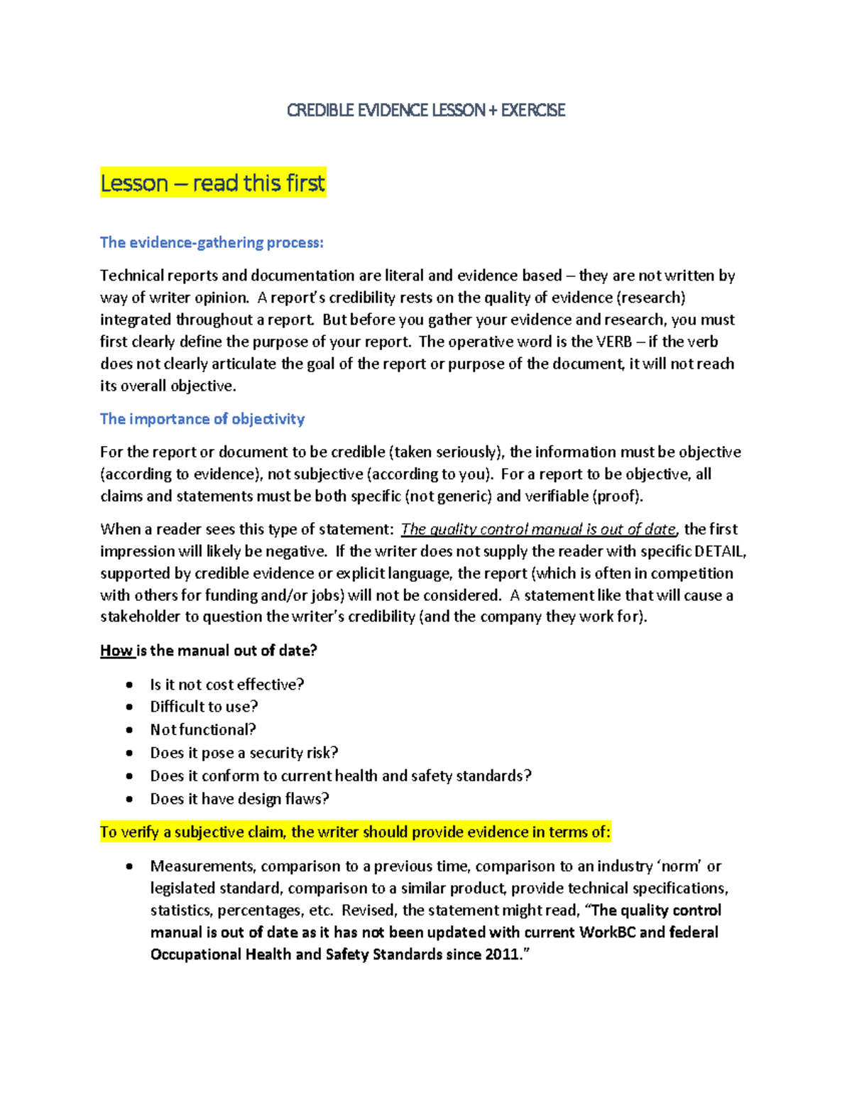 CREDIBLE EVIDENCE LAB 2 - 2026 Lesson on Report Objectivity - Studocu