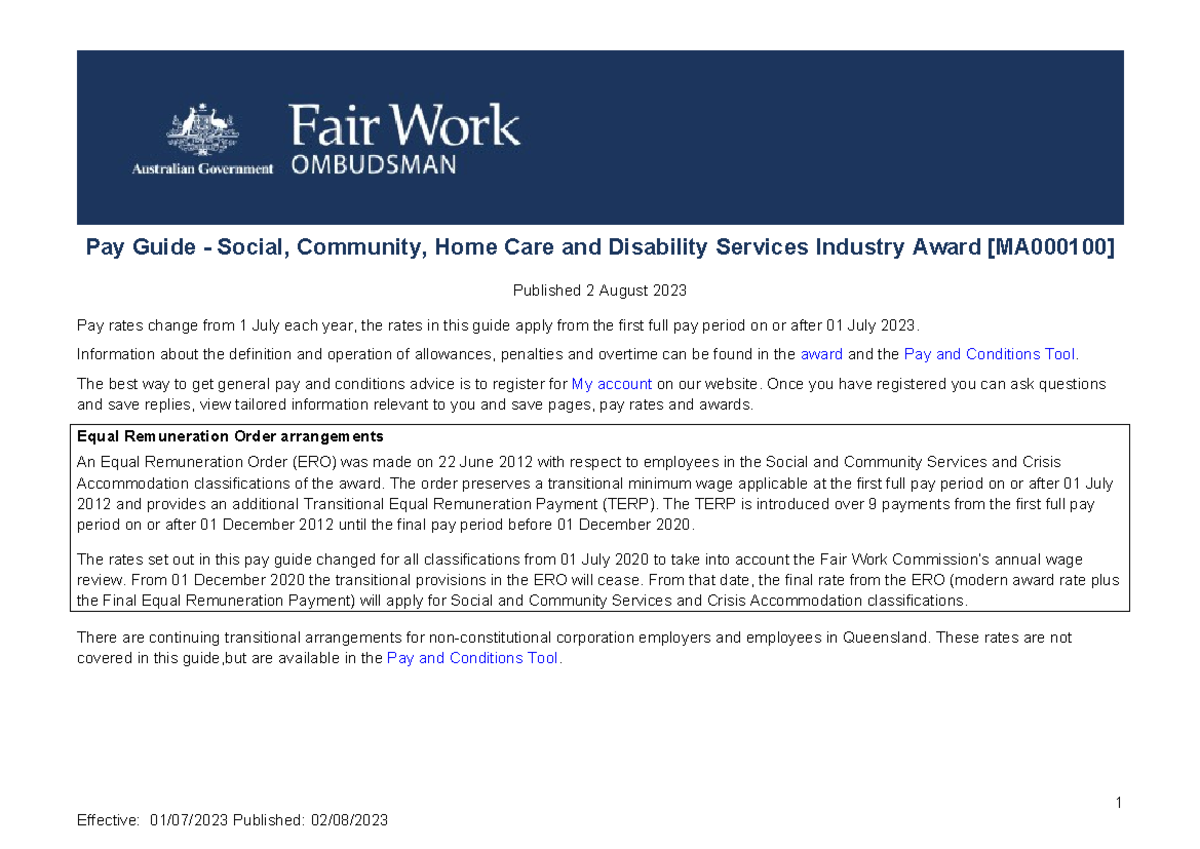 Pay Guide for Social & Community Services [MA000100] - Rates from 1 ...