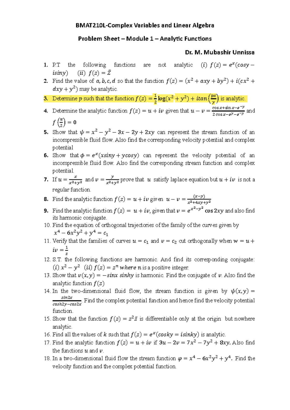 Problem Sheet M1: Complex Variables & Analytic Functions - Studocu