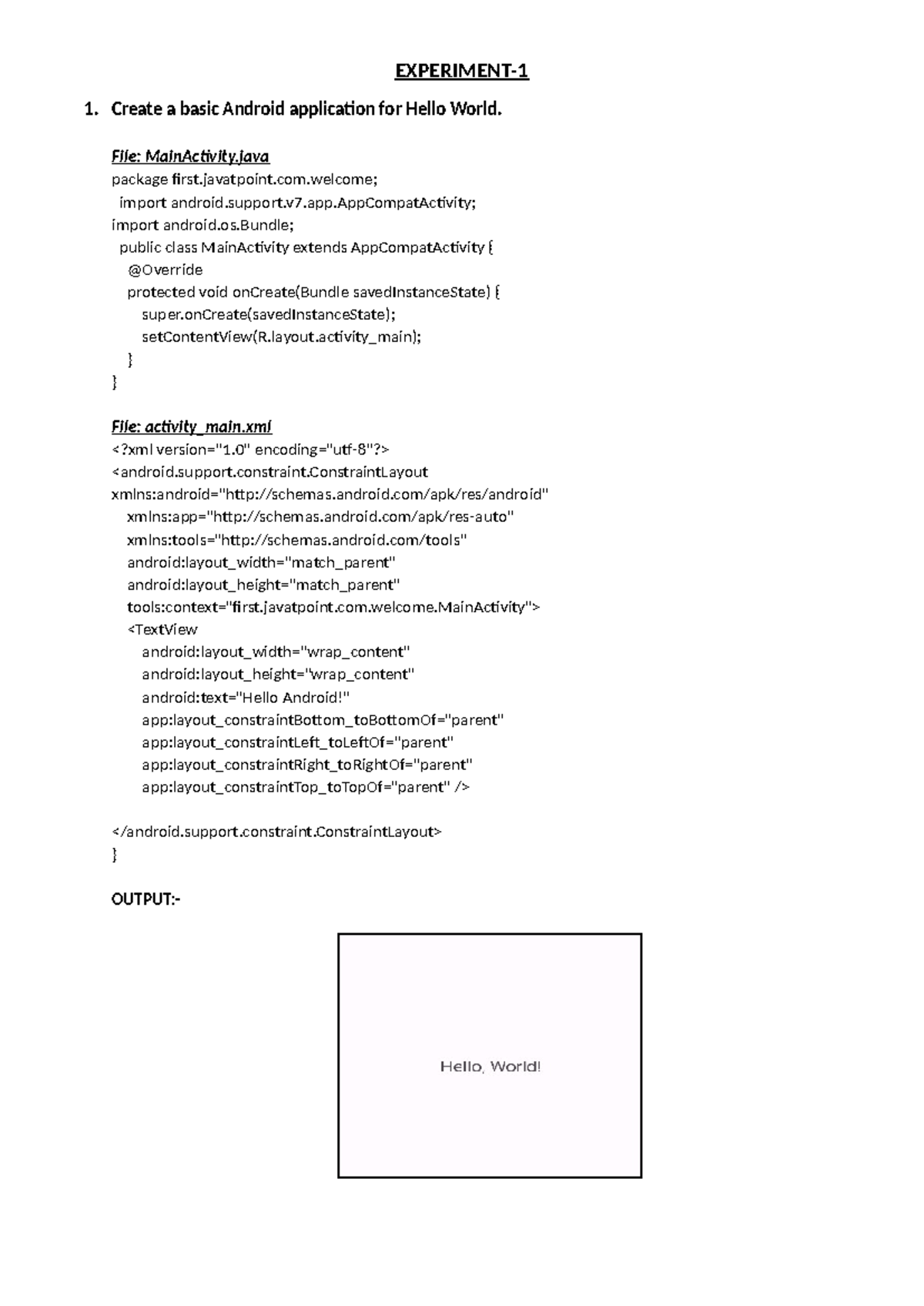 Android LAB FILE - EXPERIMENT- 1. Create a basic Android application ...