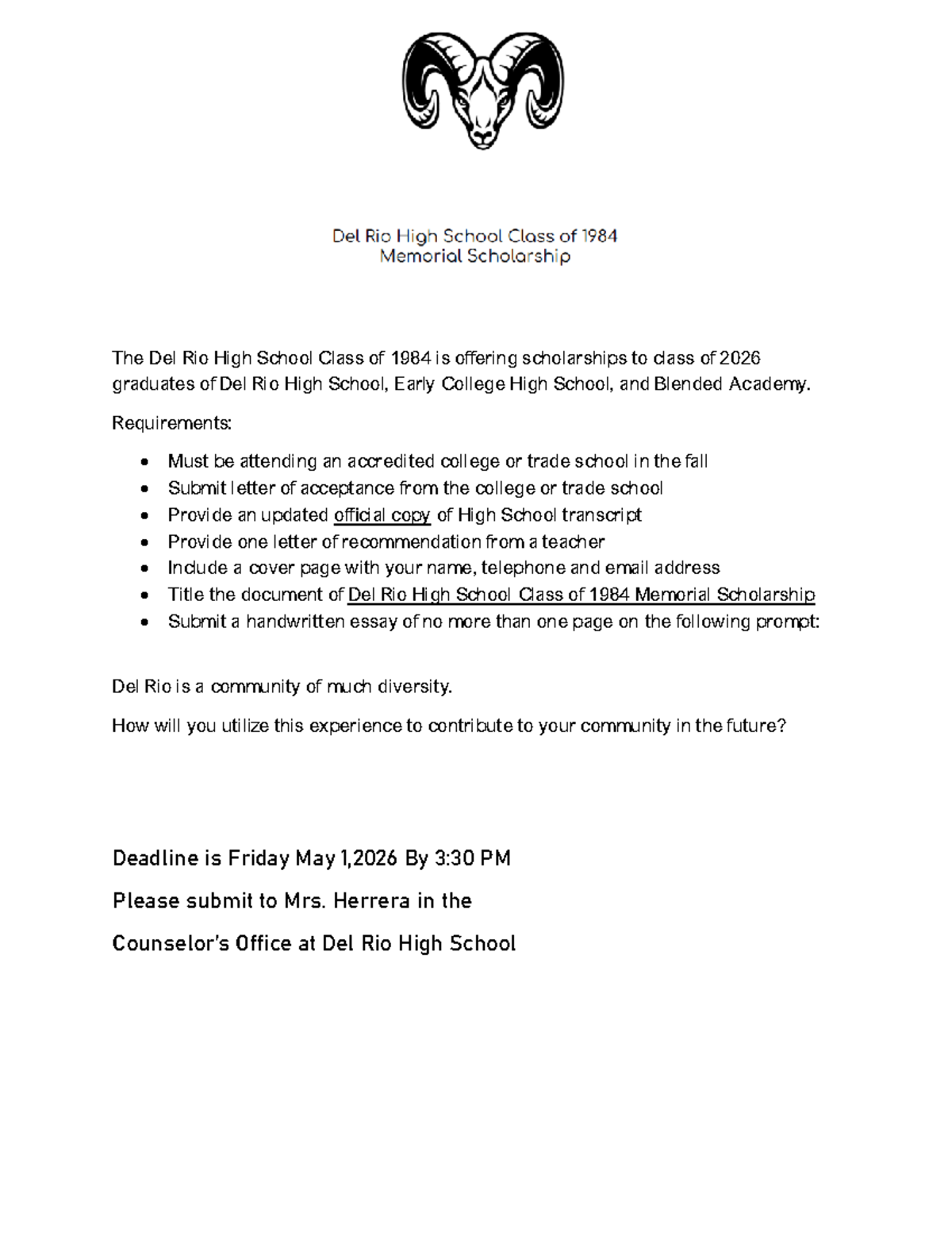 Del Rio High School Class of 1984 Memorial Scholarship Due May 1 - Studocu