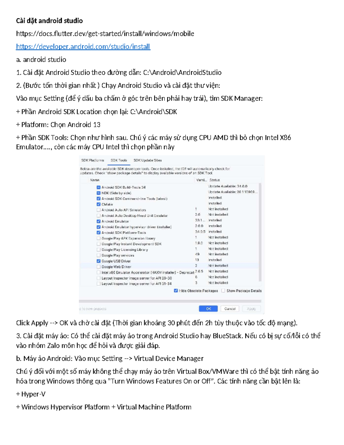 Hướng dẫn Cài đặt Android Studio và Flutter SDK cho môn học A. - Studocu