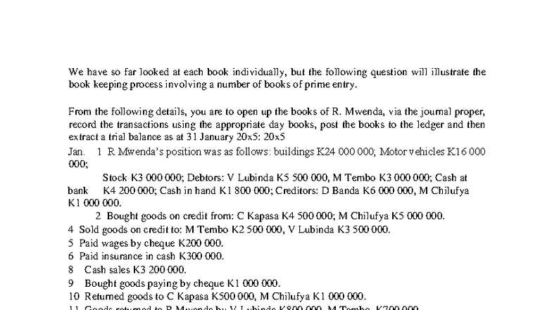Bookkeeping Process to Trial Balance: R. Mwenda (20x5) - Studocu