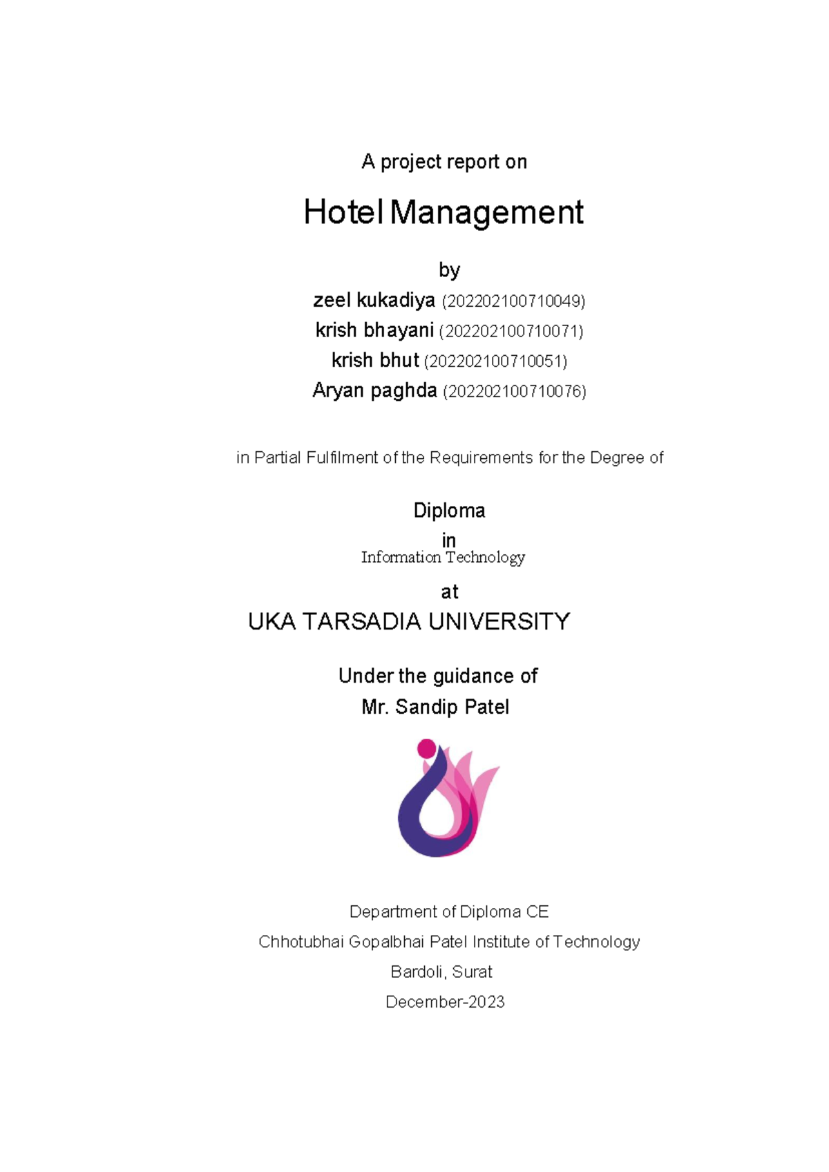 Hotel Management System Project Report - Diploma in IT (202202100710049 ...