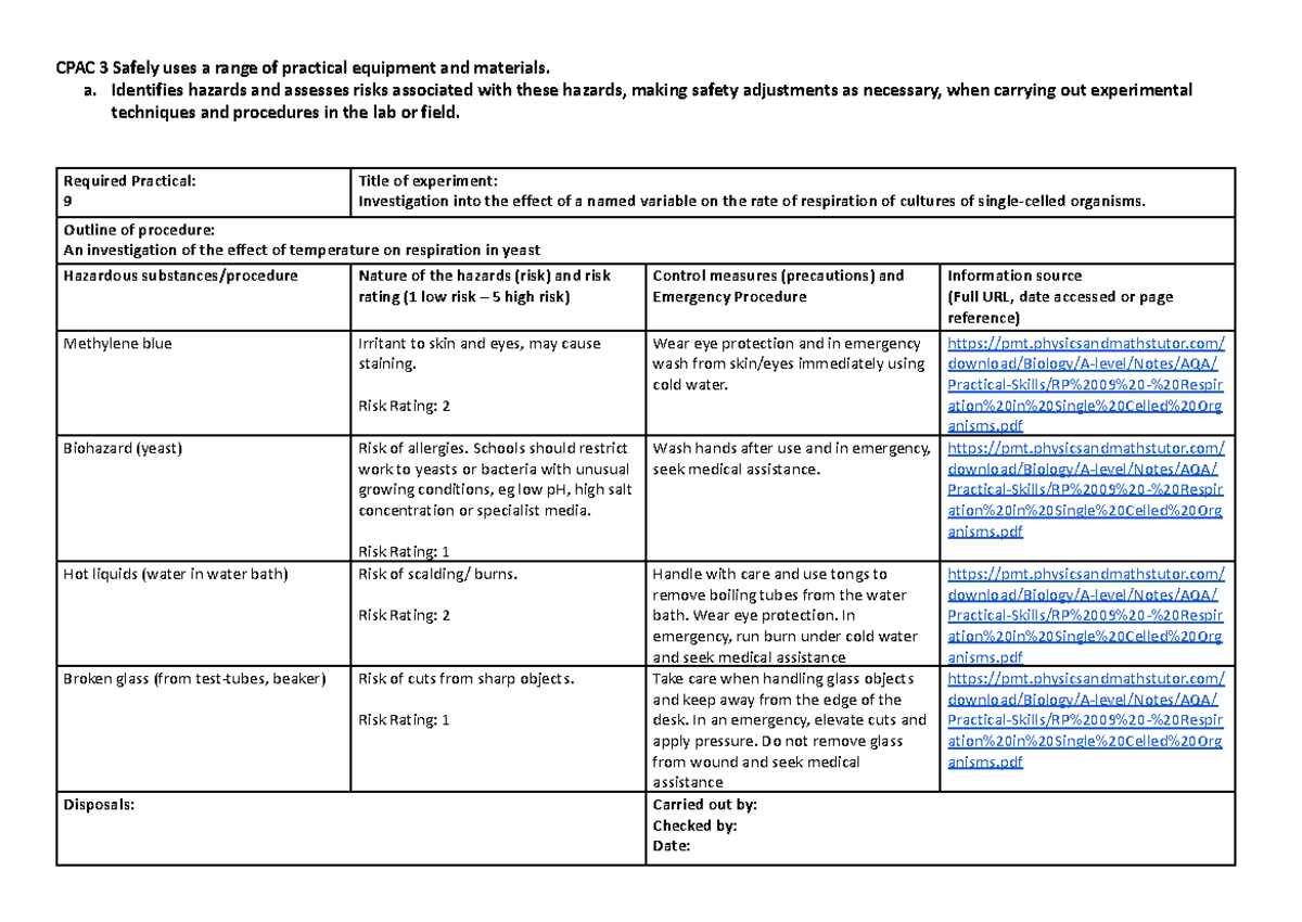 Bio RP9 Risk Assessment: Safety Measures for Respiration Experiment ...
