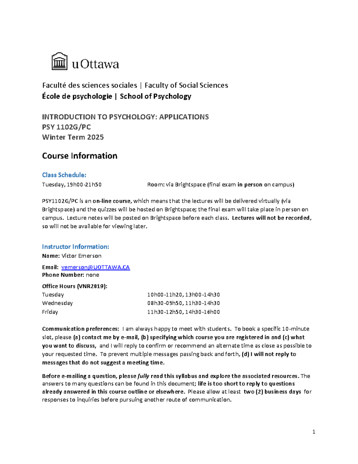 PSY1102 G W25: Introduction to Psychology Course Outline - Studocu