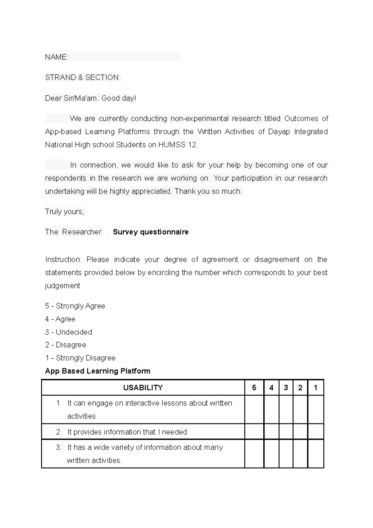 HUMSS 12 Survey Questionnaire: App-Based Learning Platforms Analysis ...