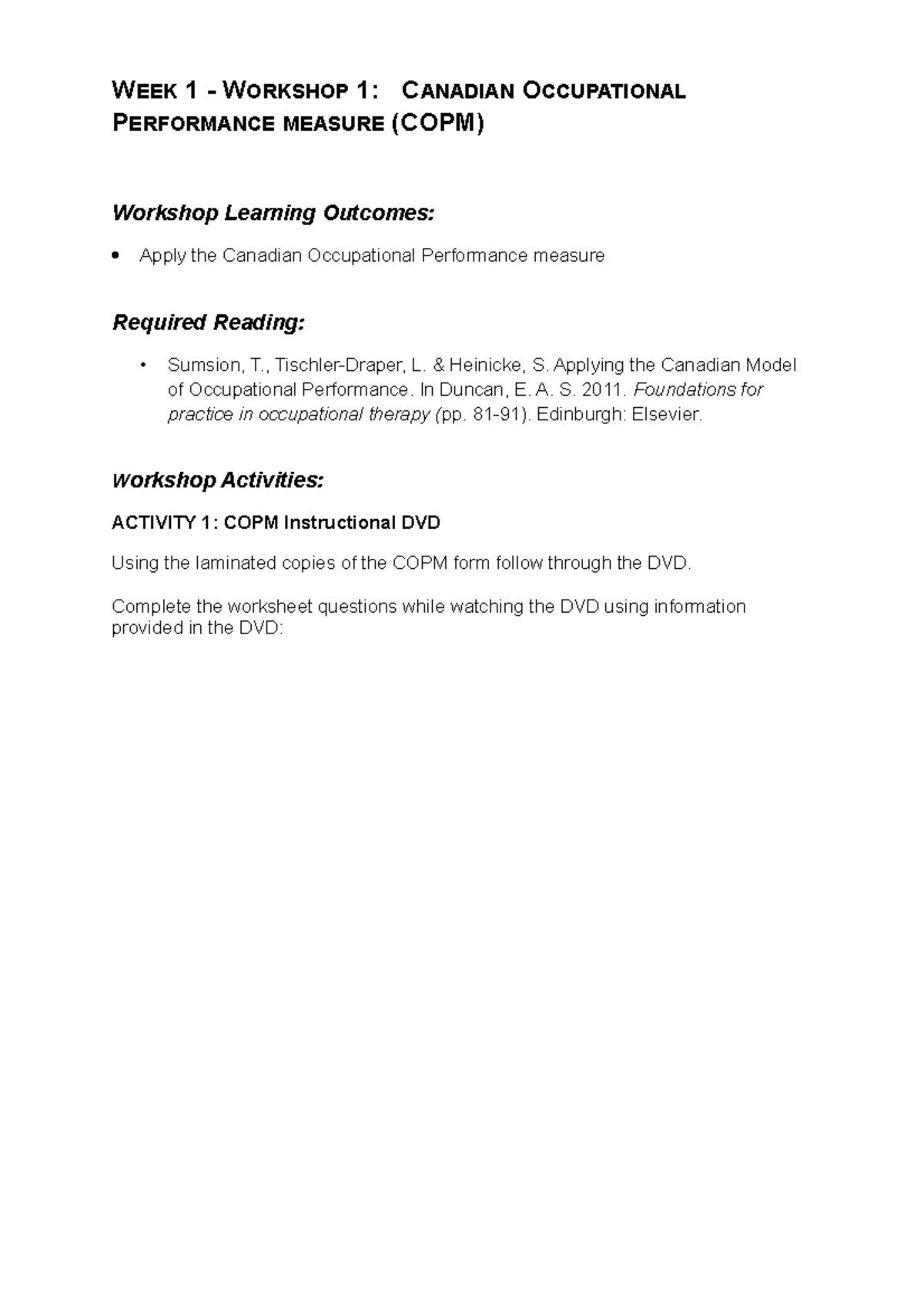 Week 1 Workshop 1 student worksheet COPM - WEEK 1 - WORKSHOP 1 ...