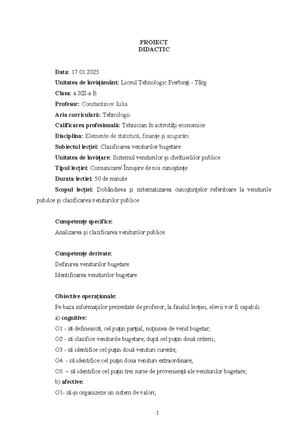 Proiect didactic Constantinov Iulia- Clasificarea veniturilor bugetare ...