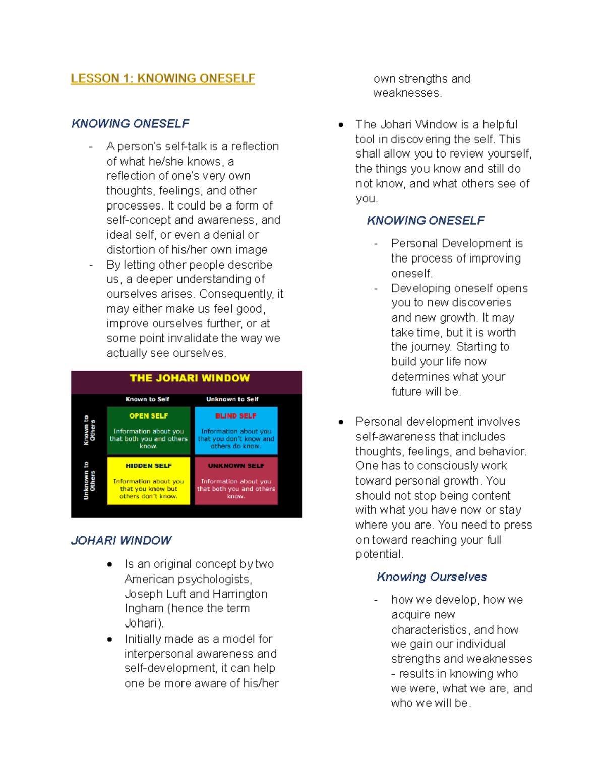 Perdev Reviewer - KNOWING ONESELF - Personal Development is the process ...