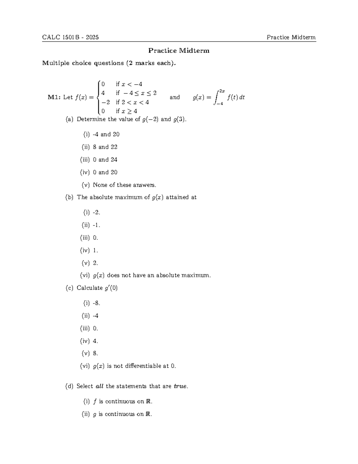 2025-Practice-Midterm - Practice Midterm Multiple choice questions (2 ...