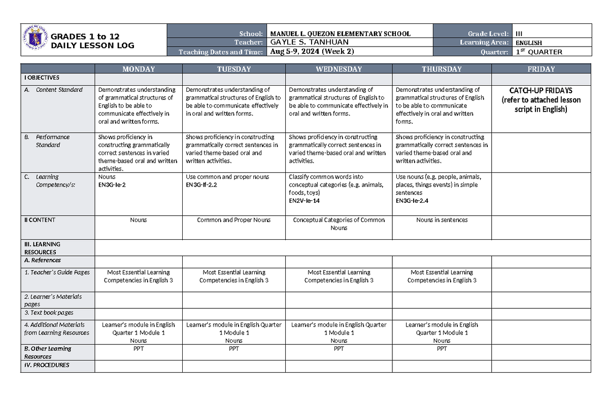 DLL English Week 2 - GRADES 1 to 12 DAILY LESSON LOG School: MANUEL L ...