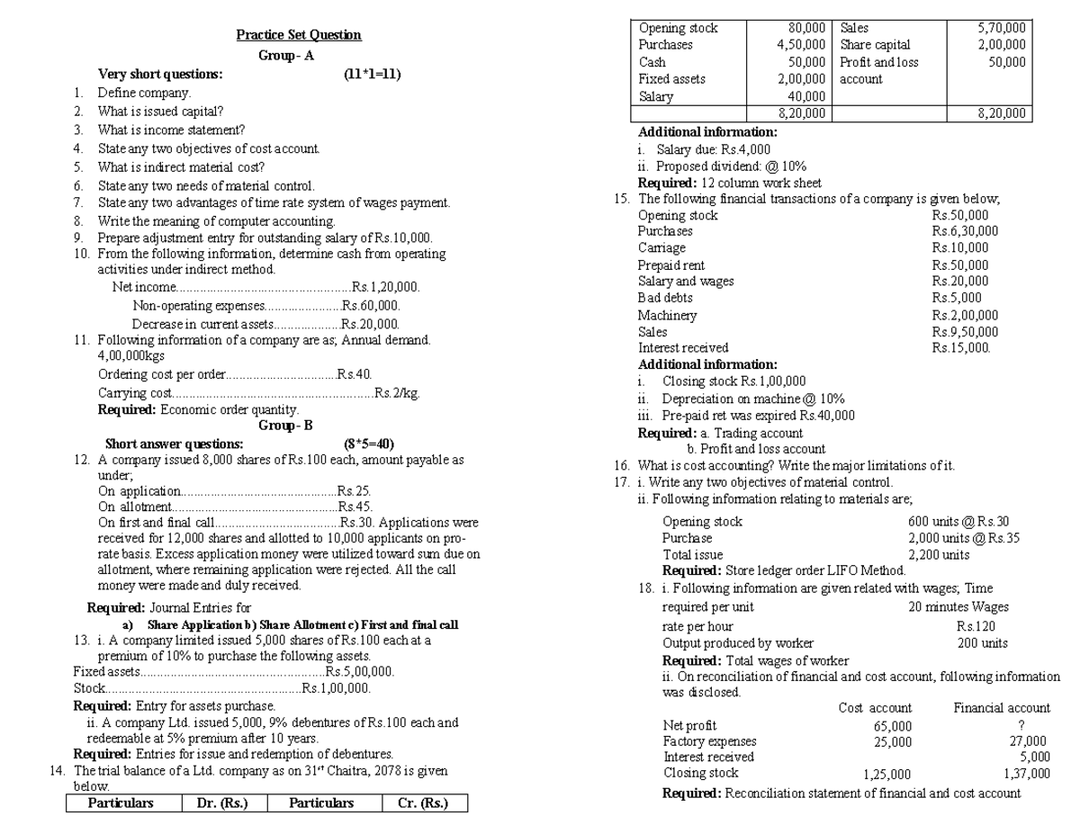 Set 3 - Practice Questions on Company Accounting and Financial ...
