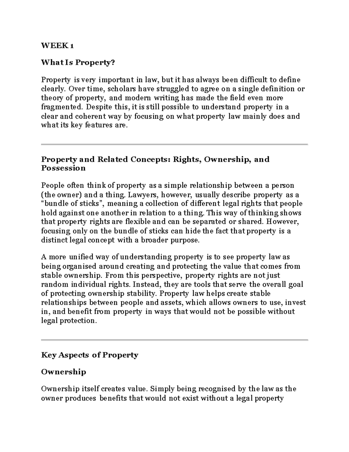 WEEK 1 Property Theory Overview: Key Concepts and Legal Frameworks ...