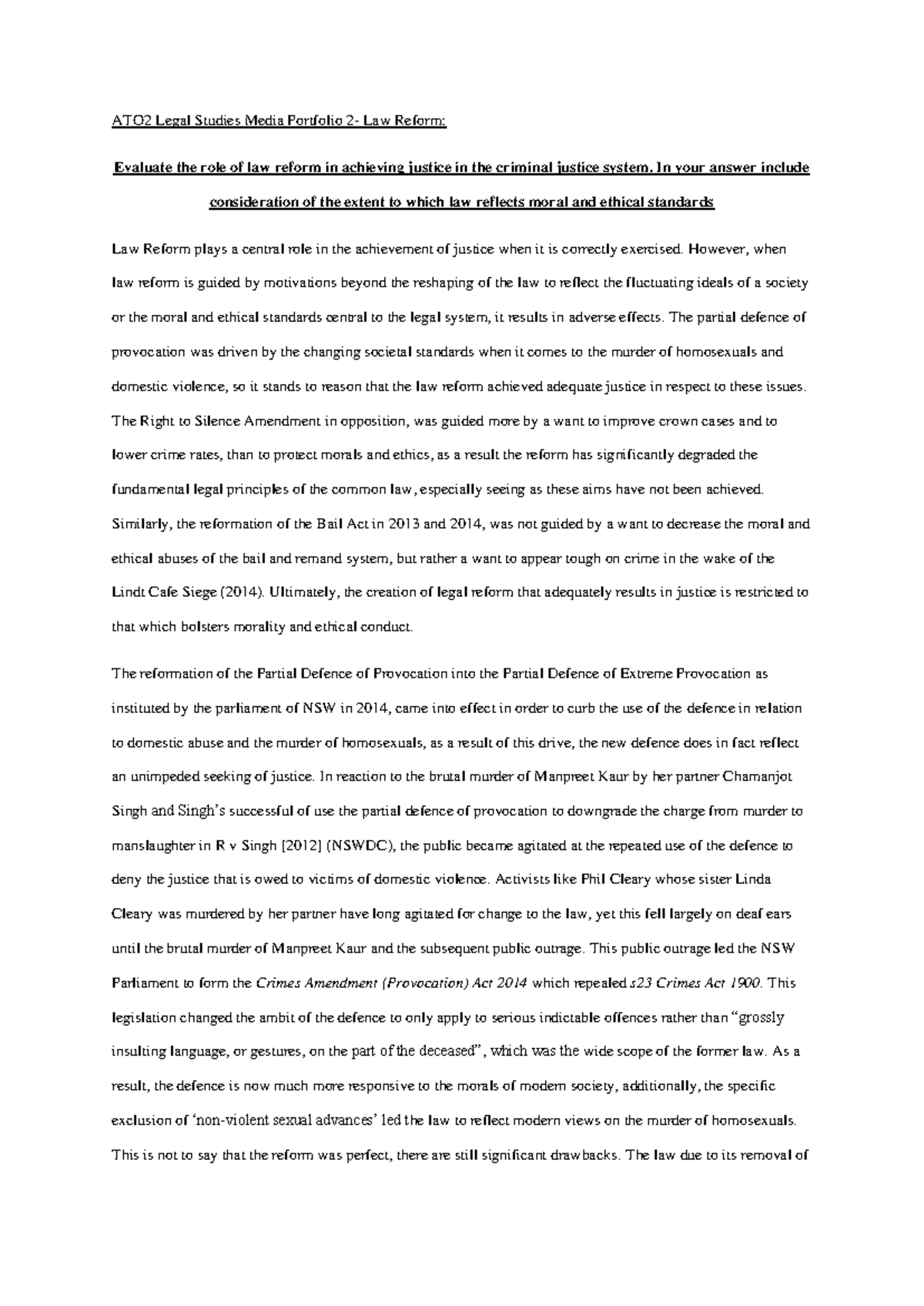 ATO2 Legal Studies Media Portfolio: Evaluating Law Reform's Impact on ...