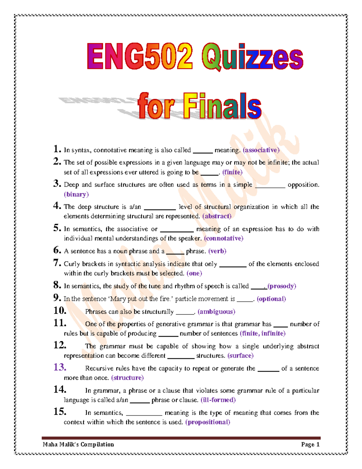 ENG502 Final Exam Quiz Compilation by Maha Malik - Document Preview