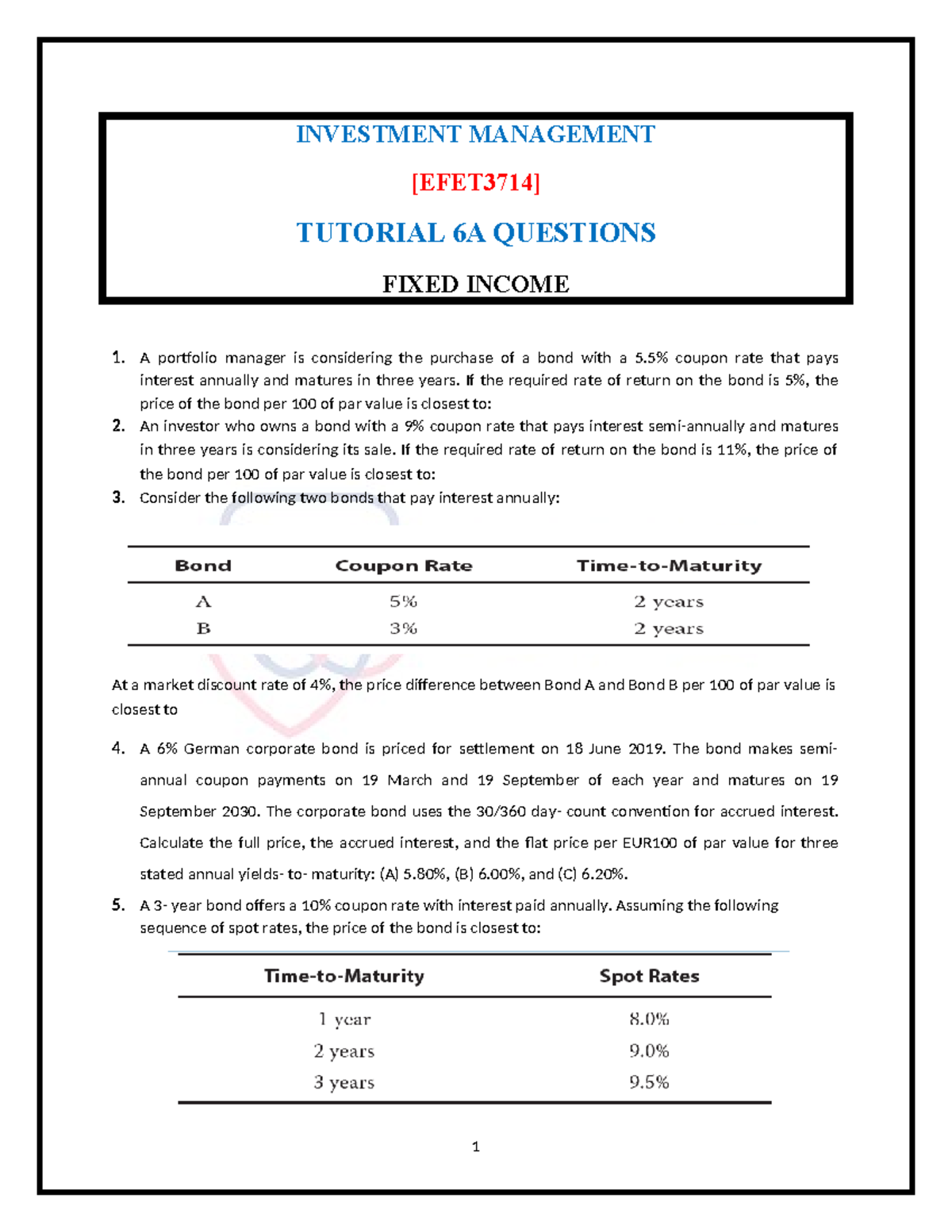 EFET3714 Tutorial 6A: Fixed Income Analysis Questions and Exercises ...