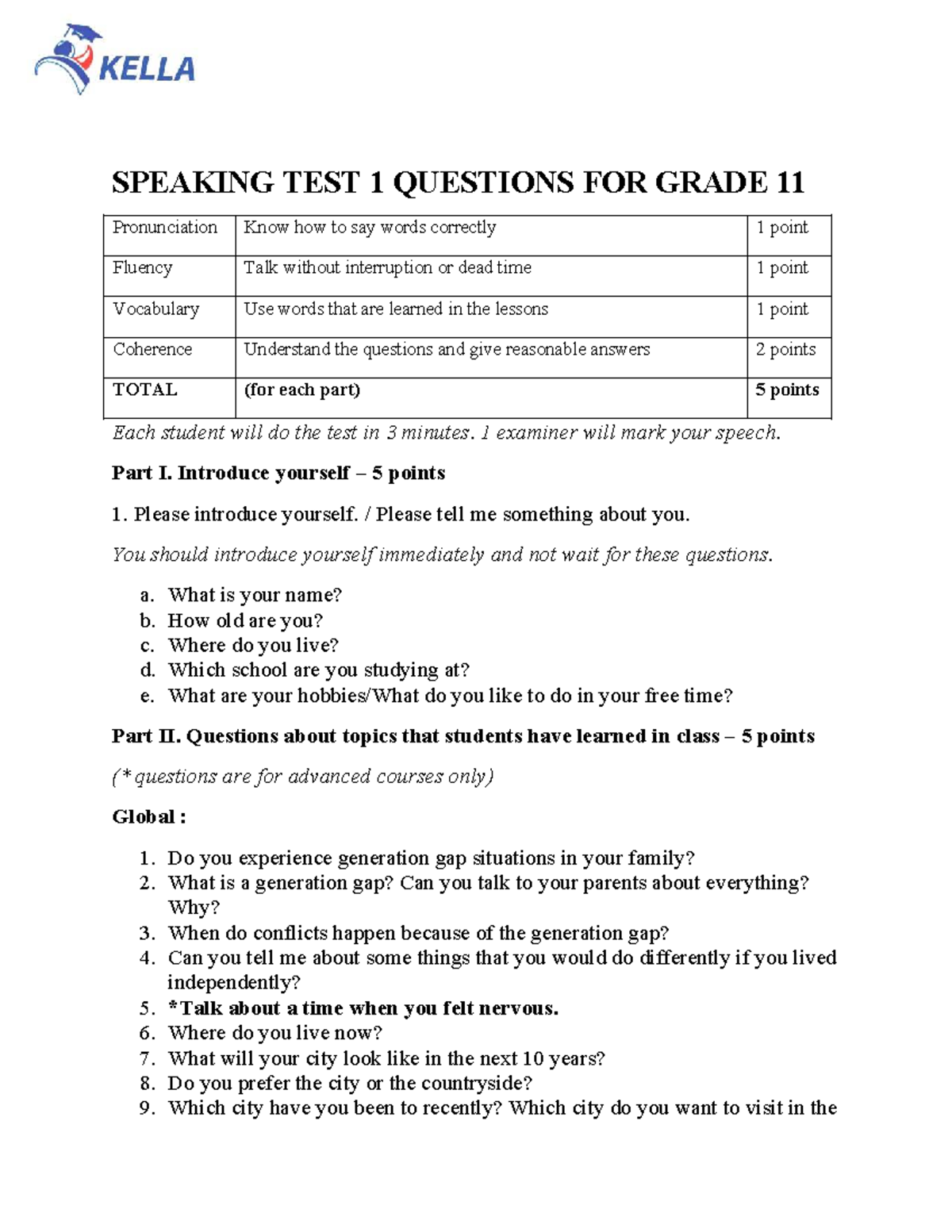 G11 Speaking Test 1 - Guidelines and Questions for Students - Studocu