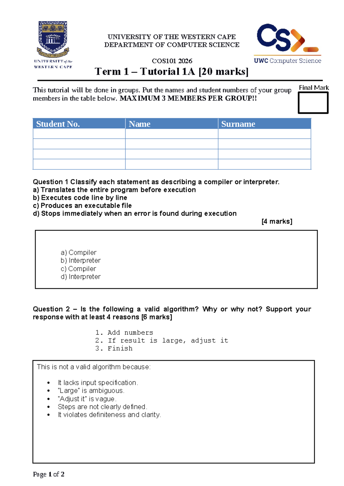 COS101 2026 Term 1 Tutorial 1A - Group Work and Memo - Studocu