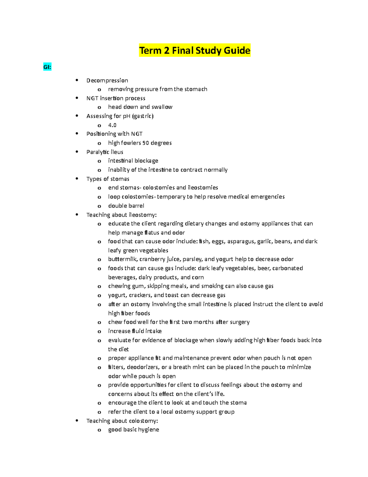 Term 2 Final Exam Study Guide: Key Concepts & Nursing Care - Studocu