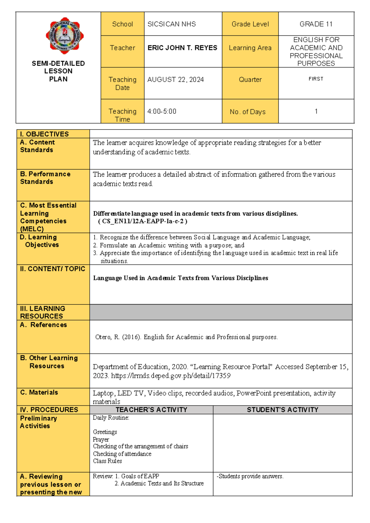 CO Lesson Plan Grade 11 - I. OBJECTIVES A. Content Standards The ...