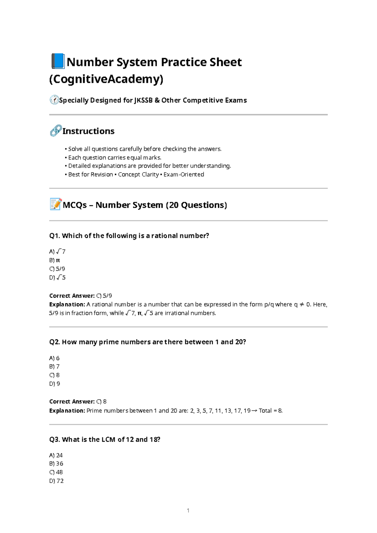 Number System Practice Sheet for JKSSB & Competitive Exams - Studocu