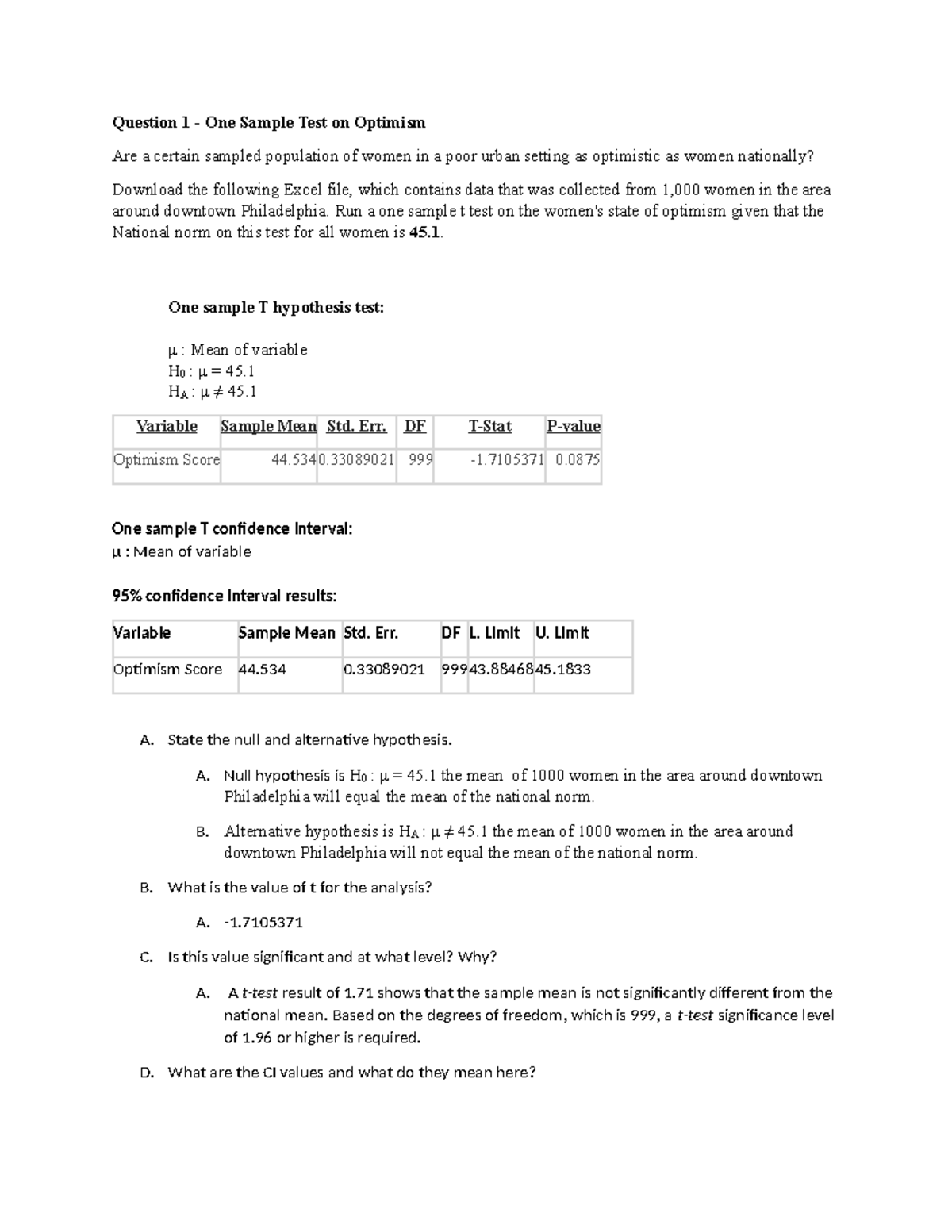 Question 1 - One Sample Test on Optimism - Question 1 - One Sample Test ...