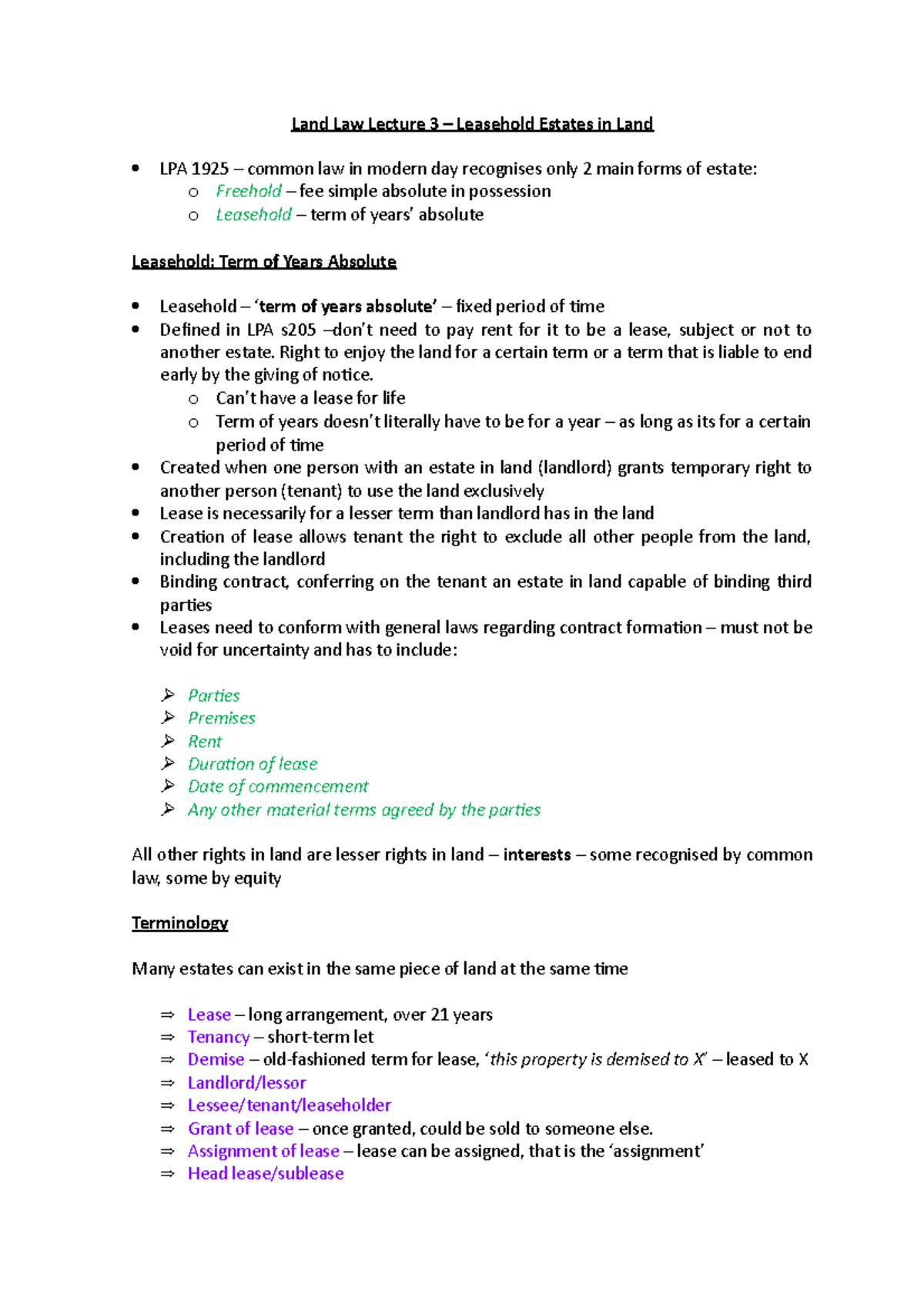 Land Law Lecture 3: Understanding Leasehold Estates and Their Terms ...